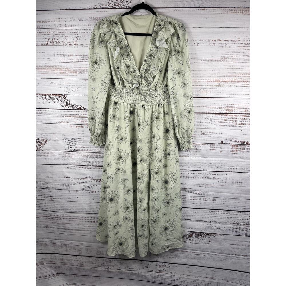 EYWOL Dress Womens SZ Large Green Floral Ruffle V Neck Maxi Long Sleeve Smocked